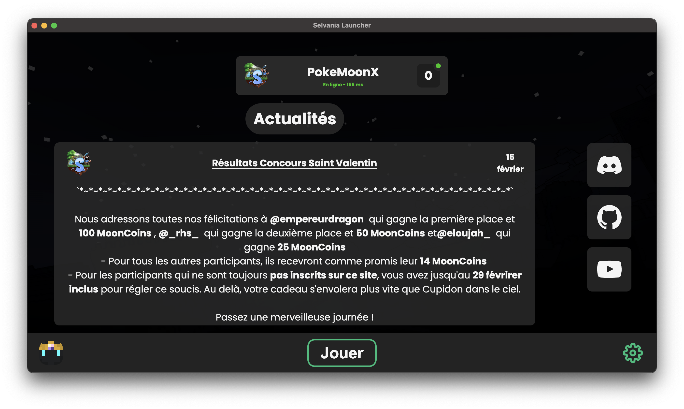 Page d'accueil du launcher Minecraft avec actualités